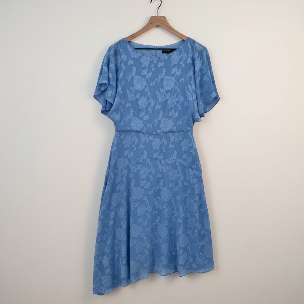 Maggy London Burnout Floral Asymmetrical Flutter Sleeve Midi Dress Blue Size 8